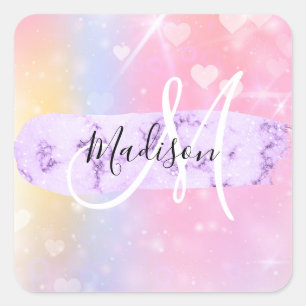 Girly Colorful Unicorn Rainbow Hearts Monogram Square Sticker