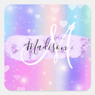 Girly Colorful Unicorn Rainbow Hearts Monogram Square Sticker