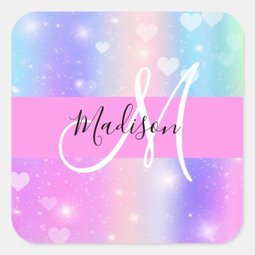 Girly Colorful Unicorn Rainbow Hearts Monogram Square Sticker