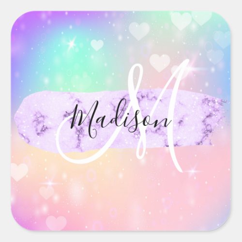 Girly Colorful Unicorn Rainbow Hearts Monogram Square Sticker