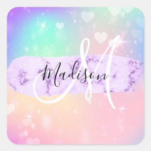 Girly Colorful Unicorn Rainbow Hearts Monogram Square Sticker