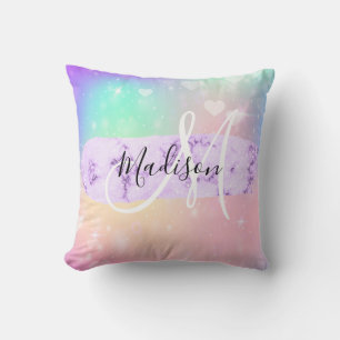 Girly Colorful Unicorn Rainbow Hearts Monogram Throw Pillow