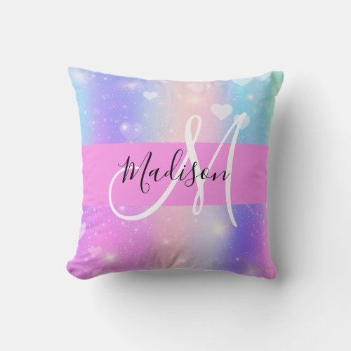 Girly Colorful Unicorn Rainbow Hearts Monogram Throw Pillow