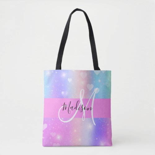 Girly Colorful Unicorn Rainbow Hearts Monogram Tote Bag