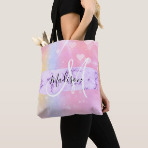 Girly Colorful Unicorn Rainbow Hearts Monogram Tote Bag