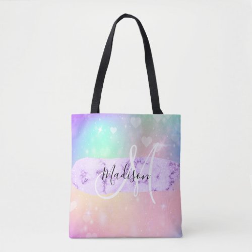 Girly Colorful Unicorn Rainbow Hearts Monogram Tote Bag