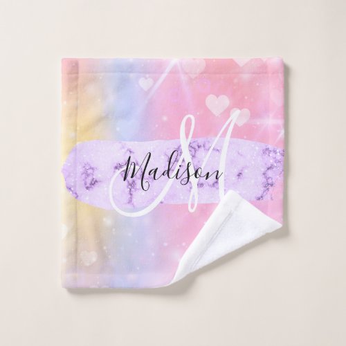 Girly Colorful Unicorn Rainbow Hearts Monogram Wash Cloth