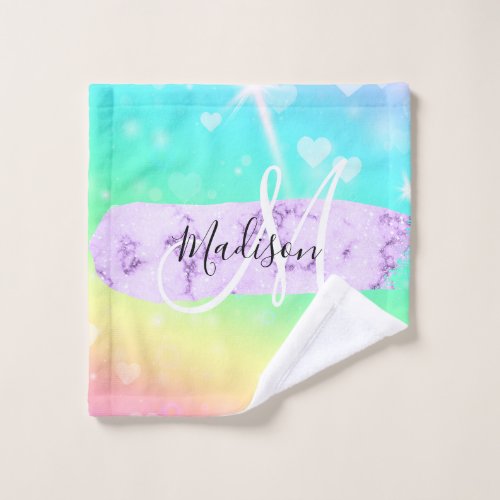Girly Colorful Unicorn Rainbow Hearts Monogram Wash Cloth