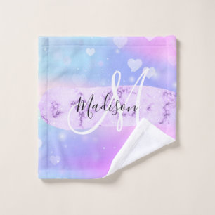 Girly Colorful Unicorn Rainbow Hearts Monogram Wash Cloth
