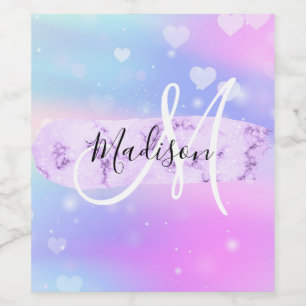 Girly Colorful Unicorn Rainbow Hearts Monogram Wine Label
