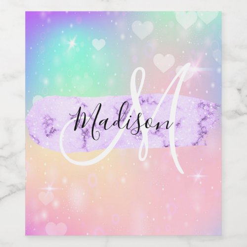 Girly Colorful Unicorn Rainbow Hearts Monogram Wine Label