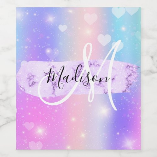 Girly Colorful Unicorn Rainbow Hearts Monogram Wine Label