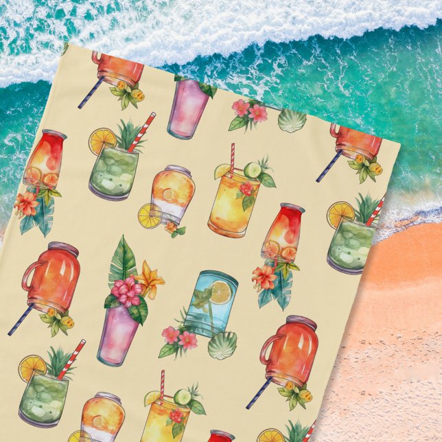 Girly Colorful Watercolor Cocktail Pattern Beach Towel (Creator Uploaded)