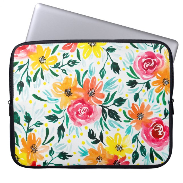 Girly Colorful Watercolor Pink Yellow Flowers Laptop Sleeve (Front)