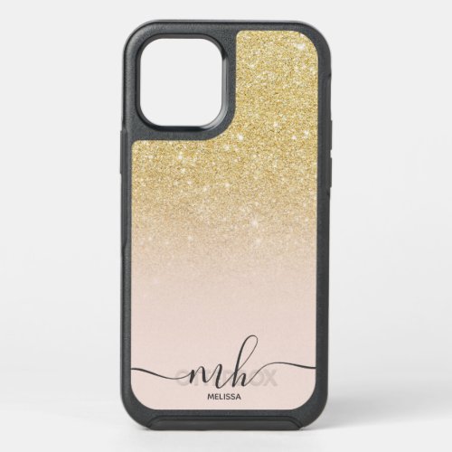 Girly cool chic gold glitter ombre pink monogram OtterBox symmetry iPhone 12 case