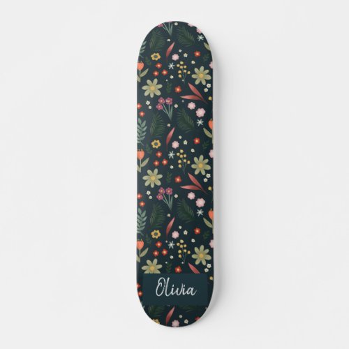 Girly  Cool Modern Navy Blue Botanical Flowers Skateboard