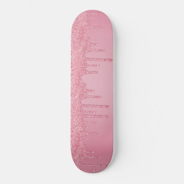 Girly Cool Pink Glitter Sparkle Drips Skateboard (Front)