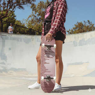 Girly Cool Pink Rose Gold Glitter Sparkle Drips Skateboard