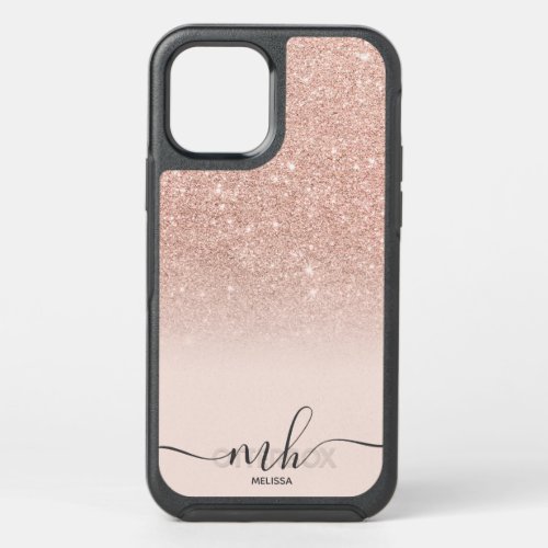 Girly cool rose gold glitter ombre pink monogram OtterBox symmetry iPhone 12 case