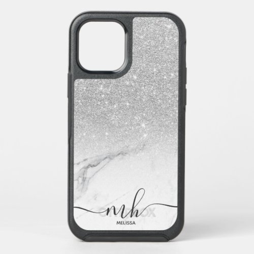 Girly cool silver glitter ombre marble monogram OtterBox symmetry iPhone 12 case