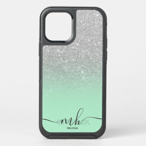 Girly cool silver glitter ombre mint monogram OtterBox symmetry iPhone 12 case