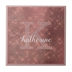 Girly Copper Diamond Sparkle Glam Monogram Name Ceramic Tile
