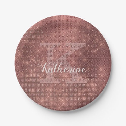 Girly Copper Diamond Sparkle Glam Monogram Name Paper Plates