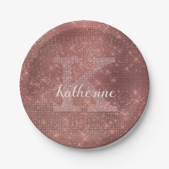 Girly Copper Diamond Sparkle Glam Monogram Name Paper Plates (Front)