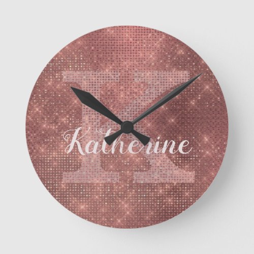 Girly Copper Diamond Sparkle Glam Monogram Name Round Clock