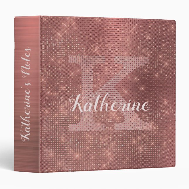 Girly Copper Glitter Diamond Glam Monogram Name 3 Ring Binder (Front/Spine)