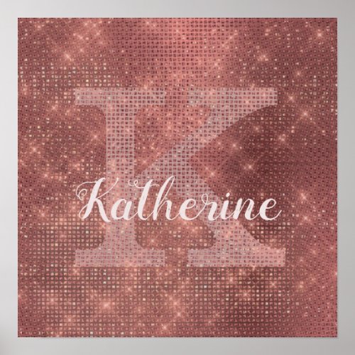 Girly Copper Glitter Diamond Glam Monogram Name Poster