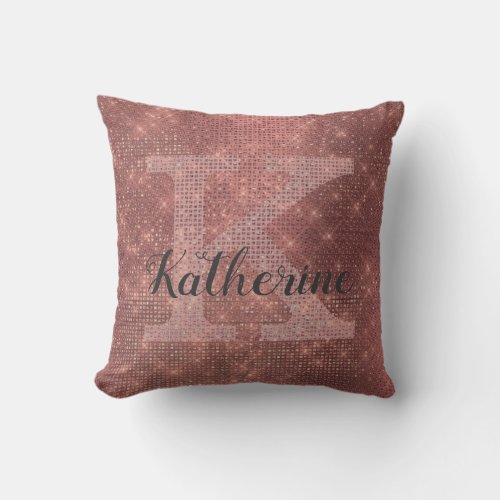 Girly Copper Glitter Sparkle Chic Monogram Name Throw Pillow