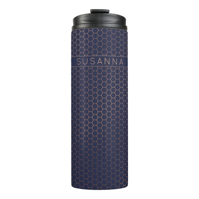 Girly Copper Rose Gold Navy Blue Geometric Pattern Thermal Tumbler (Front)