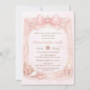 Girly Coquette Blush Pink Bow Dove Girl Baptism Invitation