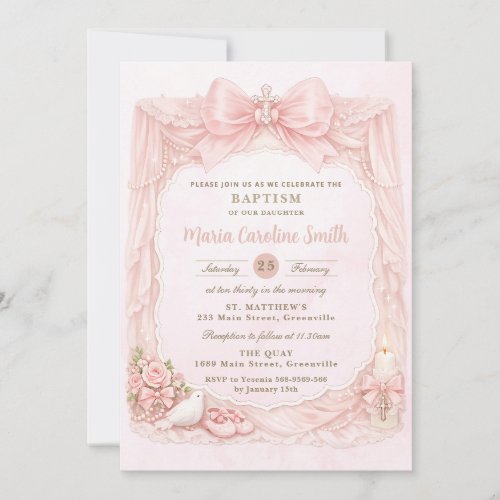 Girly Coquette Blush Pink Bow Dove Girl Baptism Invitation