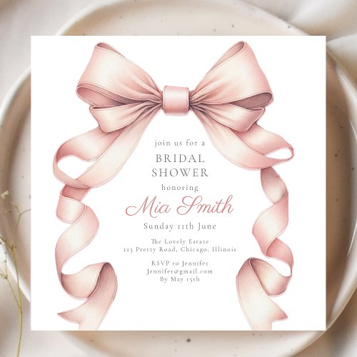 Girly Coquette Blush Watercolor Bow Bridal Shower  Invitation