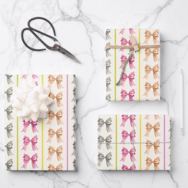 Girly Coquette Bow and Stripe Wrapping Paper (Front)