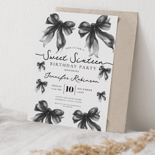 Girly Coquette Bow Sweet 16 Birthday Black   Invitation (Girly Coquette Bow Sweet 16 Birthday Black Invitation)
