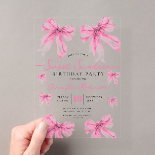 Girly Coquette Bow Sweet 16 Birthday Blush Pink Acrylic Invitations