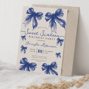 Girly Coquette Bow Sweet 16 Birthday Navy Blue Invitation