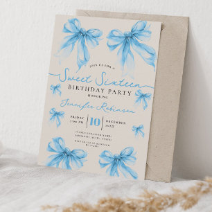 Girly Coquette Bow Sweet 16 Birthday Party Blue Invitation