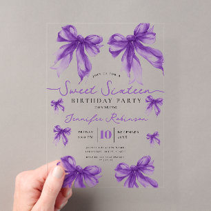 Girly Coquette Bow Sweet 16 Birthday Party Purple Acrylic Invitations