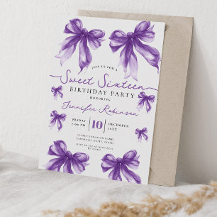 Girly Coquette Bow Sweet 16 Birthday Party Purple Invitation