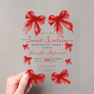 Girly Coquette Bow Sweet 16 Birthday Party Red Acrylic Invitations