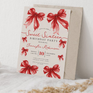 Girly Coquette Bow Sweet 16 Birthday Party Red Invitation