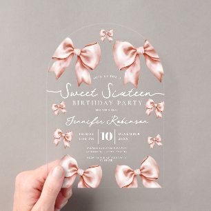 Girly Coquette Bow Sweet 16 Birthday Rose Gold Acrylic Invitations