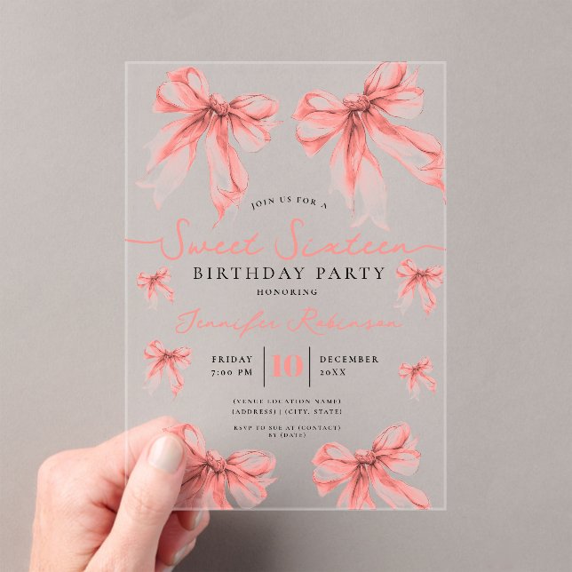 Girly Coquette Bow Sweet 16 Birthday Rose Gold  Acrylic Invitations (Insitu (Handheld))