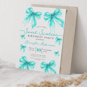 Girly Coquette Bow Sweet 16 Birthday Turquoise Invitation