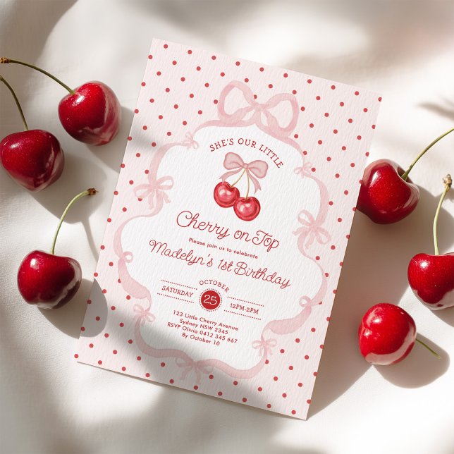 Girly Coquette Cherry First 1st Birthday Party Invitation (Creator Uploaded)