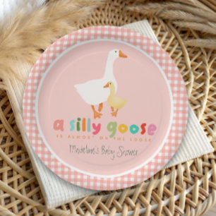 Girly Coquette Gingham Silly Goose Baby Shower Paper Plates